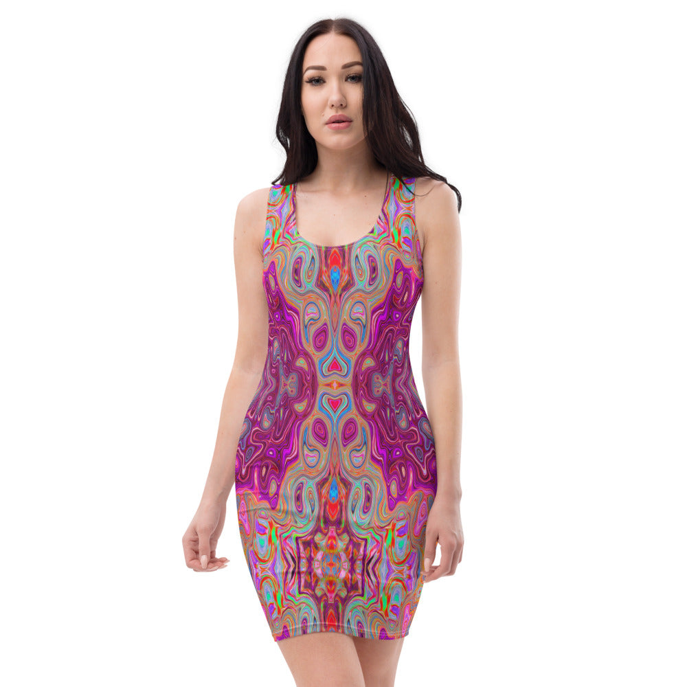 Bodycon Dress, Abstract Magenta, Pink, Blue and Red Groovy Pattern
