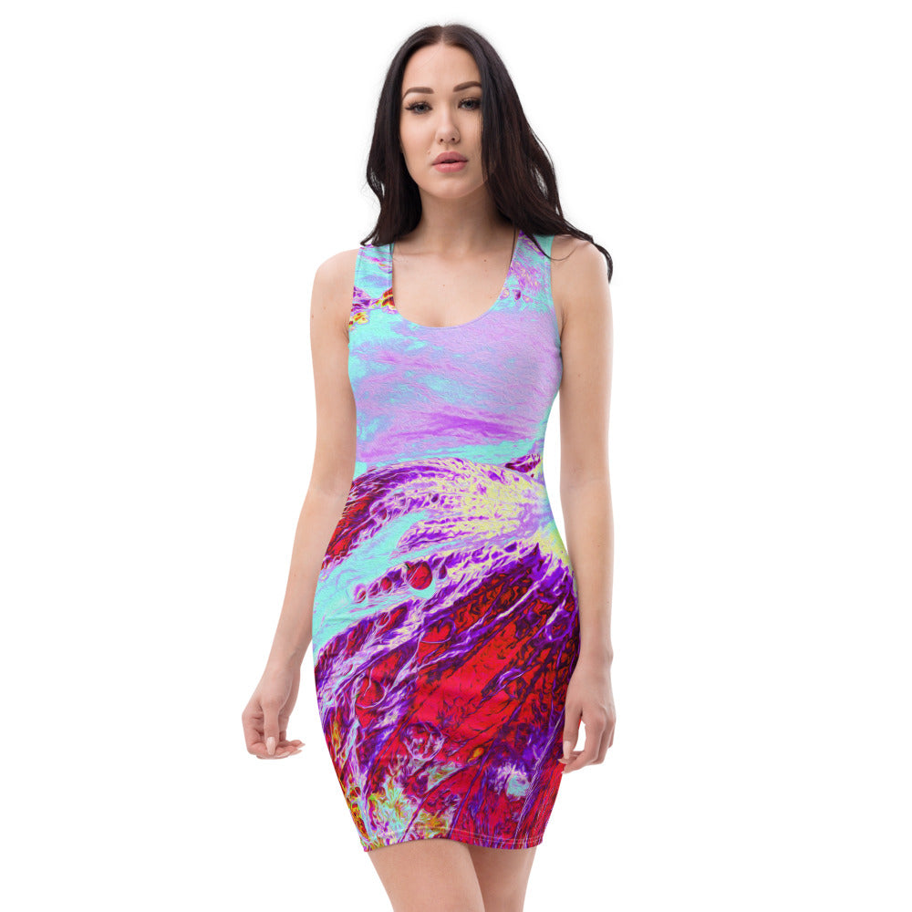 Bodycon Dress, Abstract Tropical Aqua and Purple Hibiscus Flower