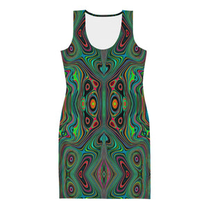 Bodycon Dress, Trippy Retro Black and Lime Green Abstract Pattern