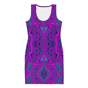 Bodycon Dress, Trippy Retro Magenta and Black Abstract Pattern