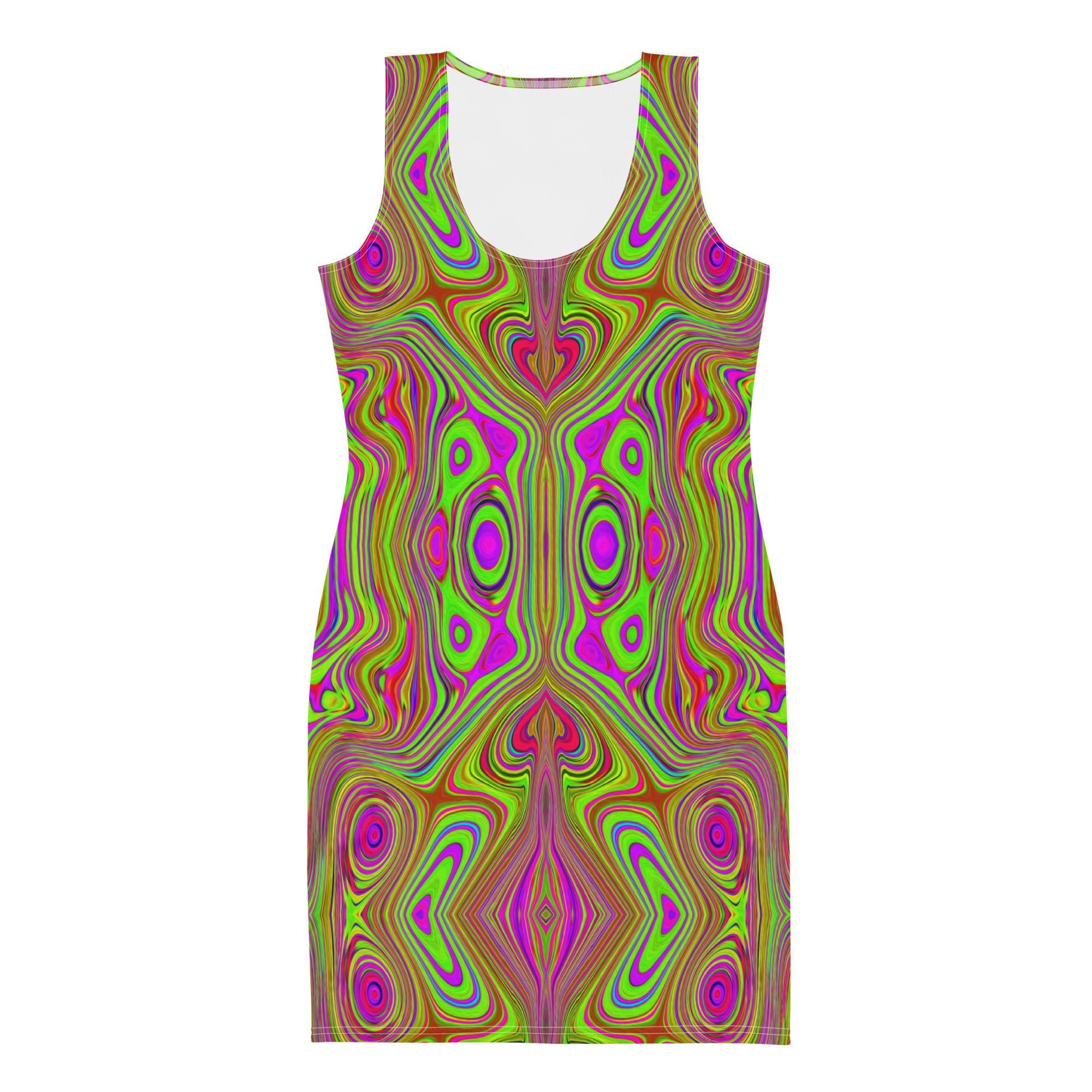 Bodycon Dress, Trippy Retro Chartreuse Magenta Abstract Pattern