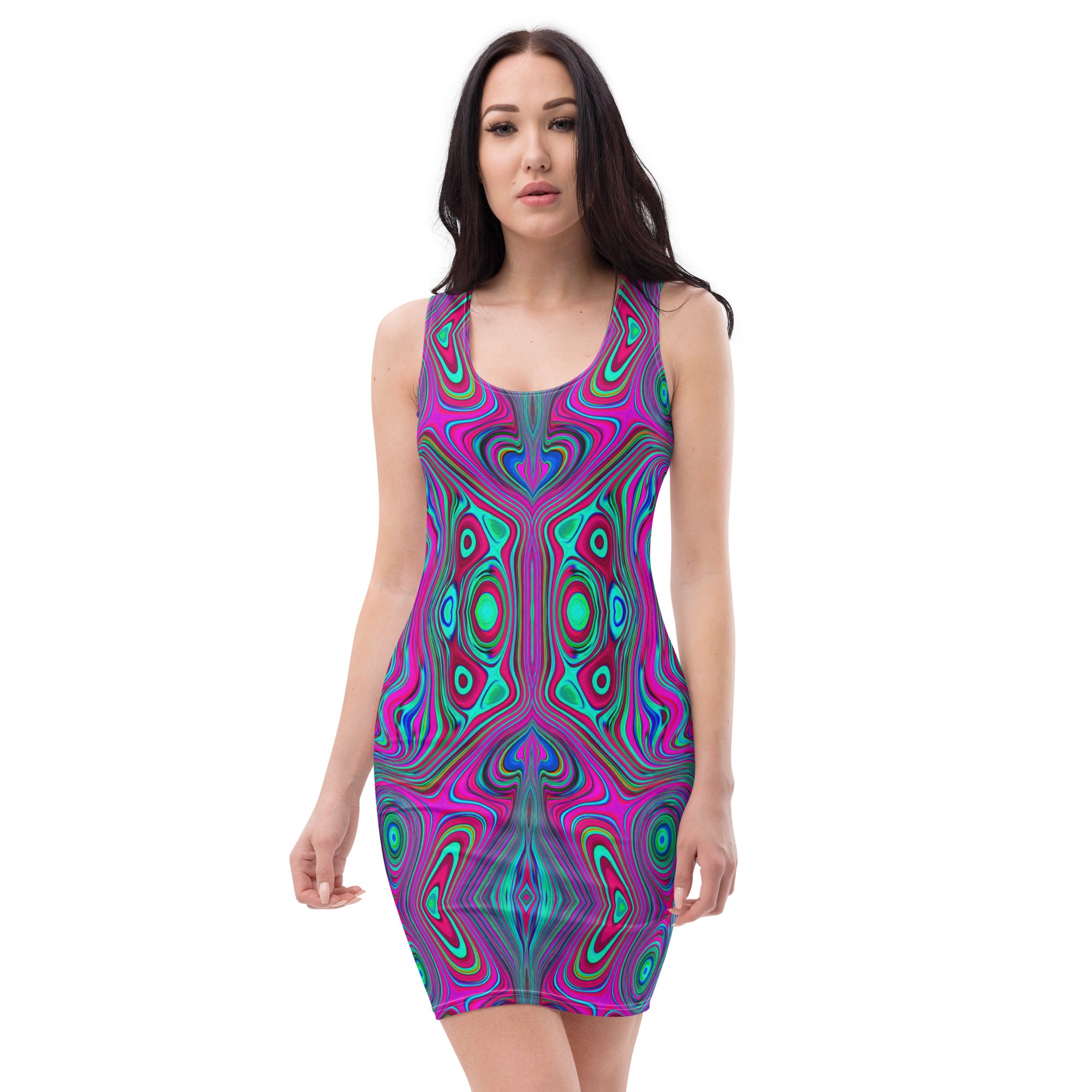 Bodycon Dress, Trippy Retro Magenta, Blue and Green Abstract
