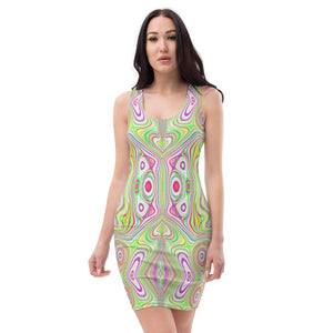 Bodycon Dress, Trippy Retro Pink and Lime Green Abstract Pattern