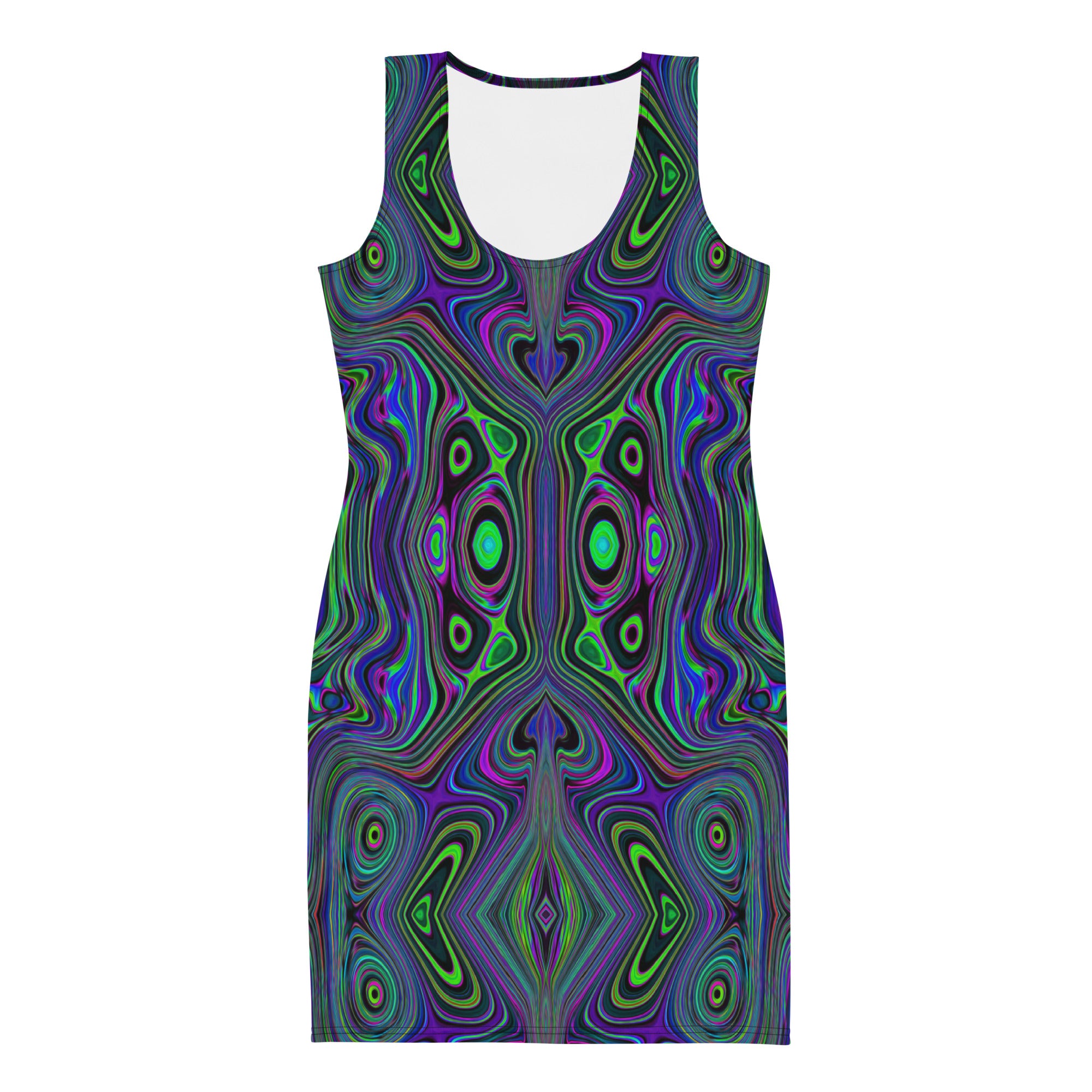 Bodycon Dress, Trippy Retro Royal Blue and Lime Green Abstract