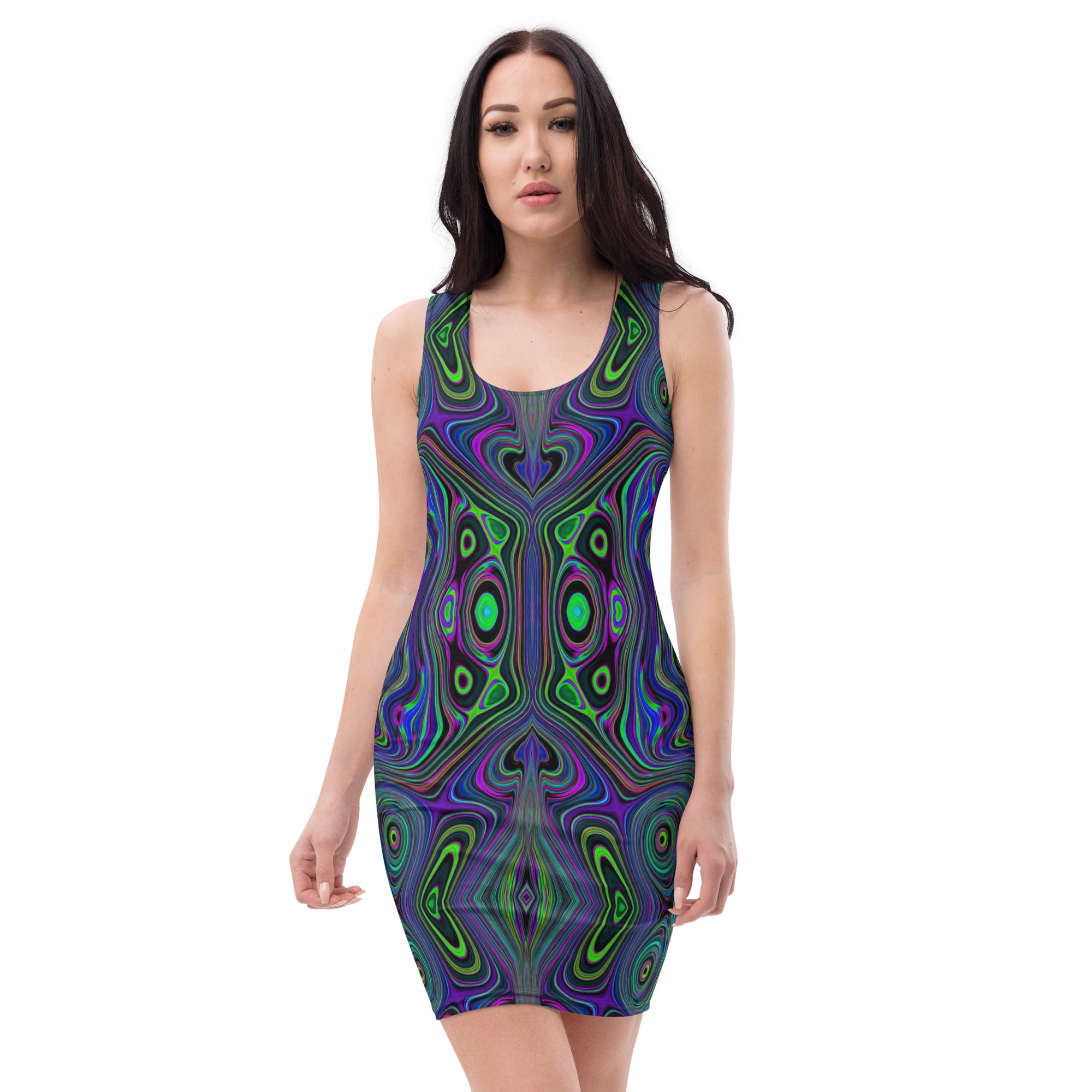 Bodycon Dress, Trippy Retro Royal Blue and Lime Green Abstract