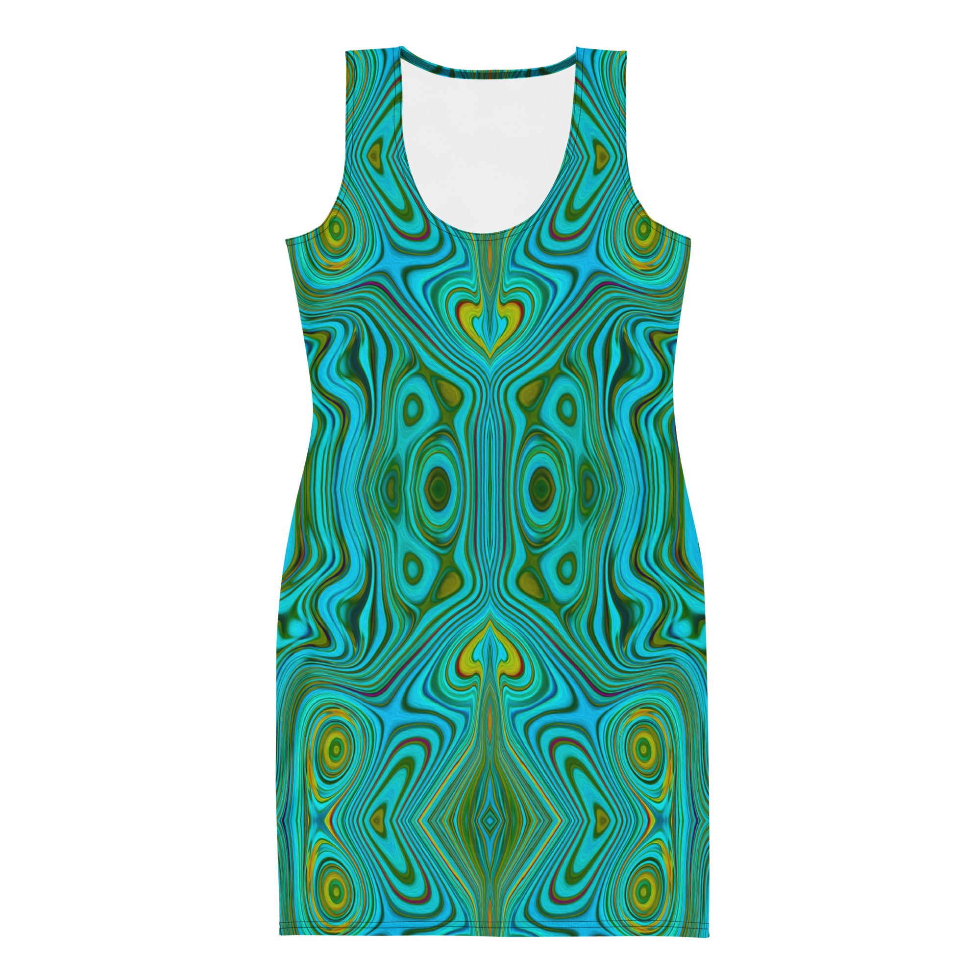 Bodycon Dress, Trippy Retro Turquoise Chartreuse Abstract Pattern