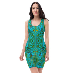Bodycon Dress, Trippy Retro Turquoise Chartreuse Abstract Pattern