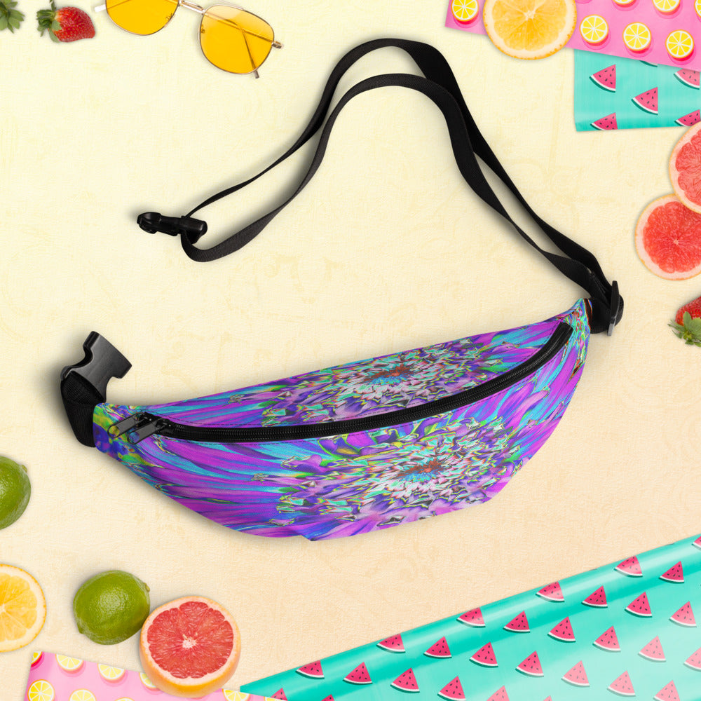 Colorful Floral Fanny Packs, Trippy Abstract Aqua, Lime Green and Purple Dahlia