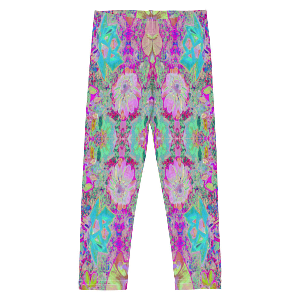 Kid's Leggings for Girls, Psychedelic Abstract Magenta and Aqua Garden Collage