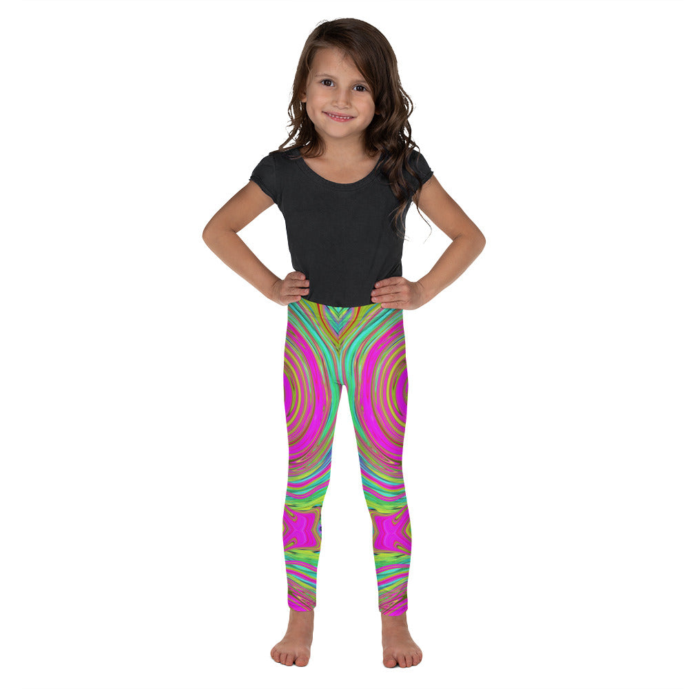 Kid's Leggings for Girls and Boys, Groovy Abstract Pink and Turquoise Swirl with Flowers
