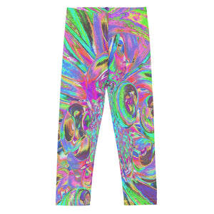 Kid's Leggings for Girls, Festive Colorful Psychedelic Dahlia Flower Petals