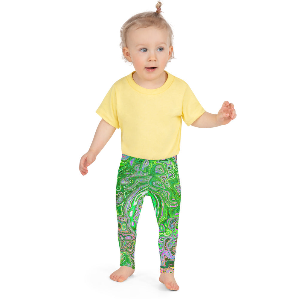 Kid's Leggings for Girls, Trippy Lime Green and Pink Abstract Retro Swirl