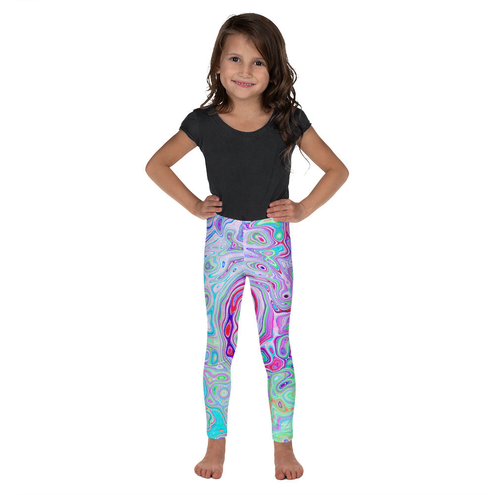 Kid's Leggings for Girls, Groovy Abstract Retro Pink and Green Swirl