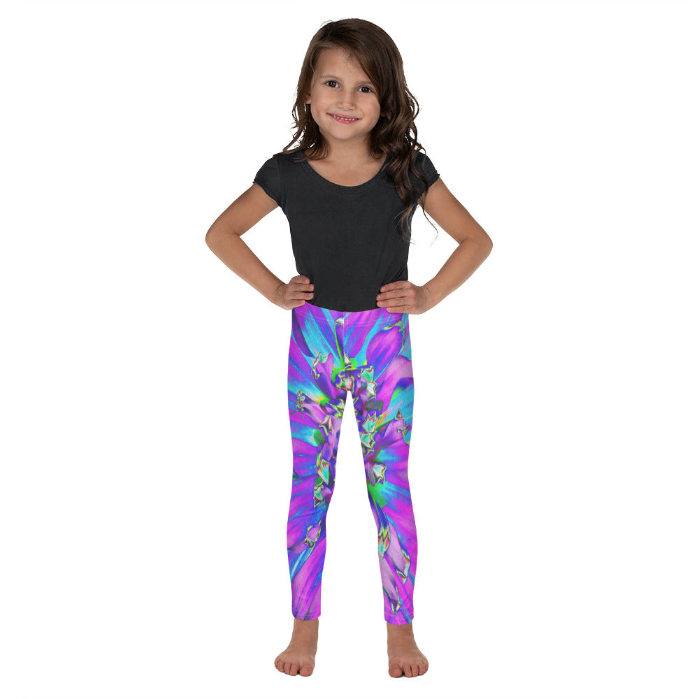 Kid's Leggings for Girls, Trippy Abstract Aqua, Lime Green and Purple Dahlia