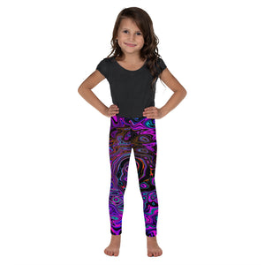 Kid's Leggings, Trippy Black and Magenta Retro Liquid Swirl