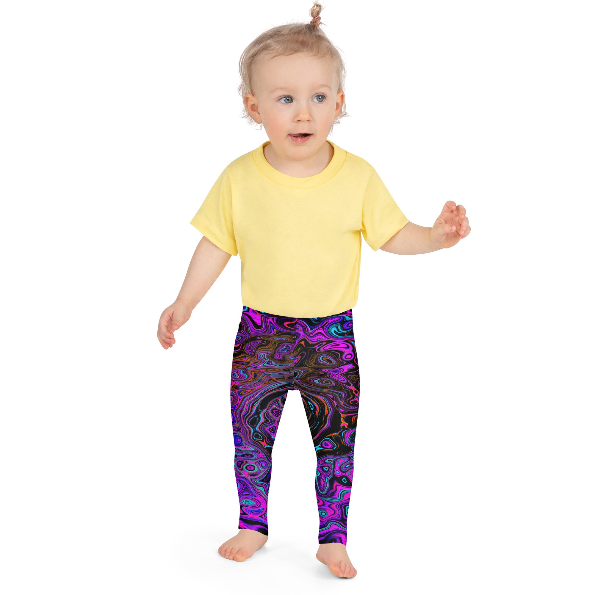 Kid's Leggings, Trippy Black and Magenta Retro Liquid Swirl