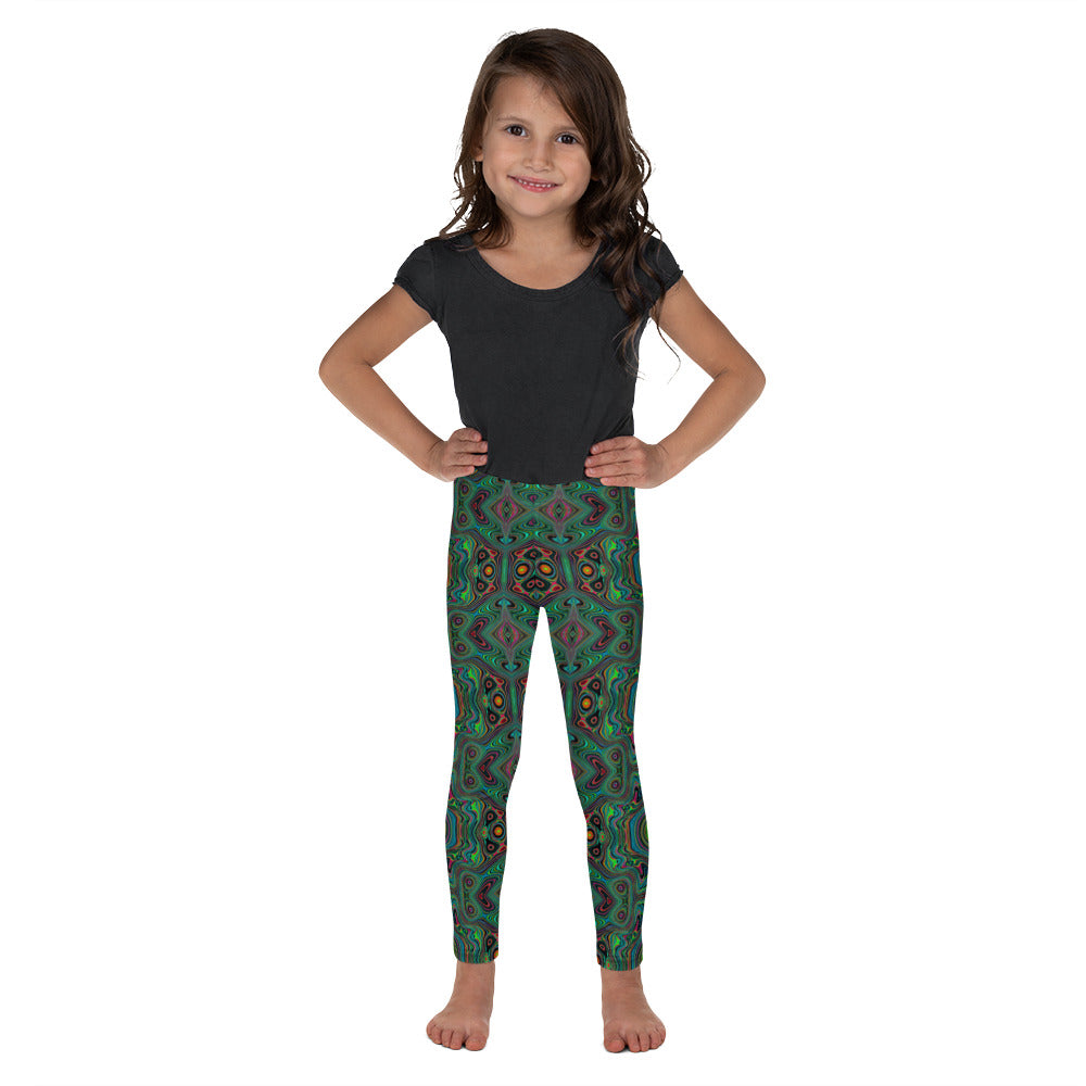 Kid's Leggings, Trippy Retro Black and Lime Green Abstract Pattern