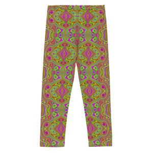 Kid's Leggings, Trippy Retro Chartreuse Magenta Abstract Pattern