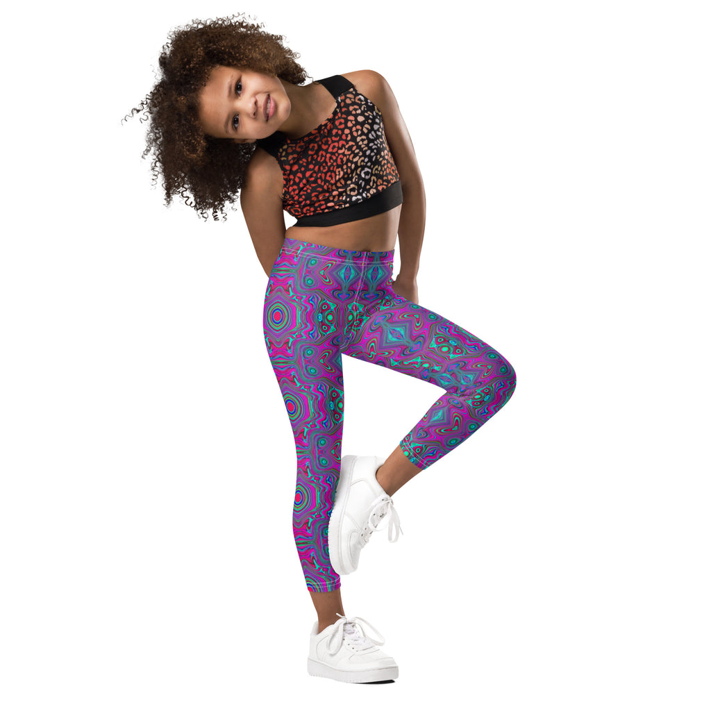 Kid's Leggings, Trippy Retro Magenta, Blue and Green Abstract
