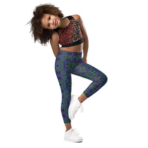 Kid's Leggings, Trippy Retro Royal Blue and Lime Green Abstract