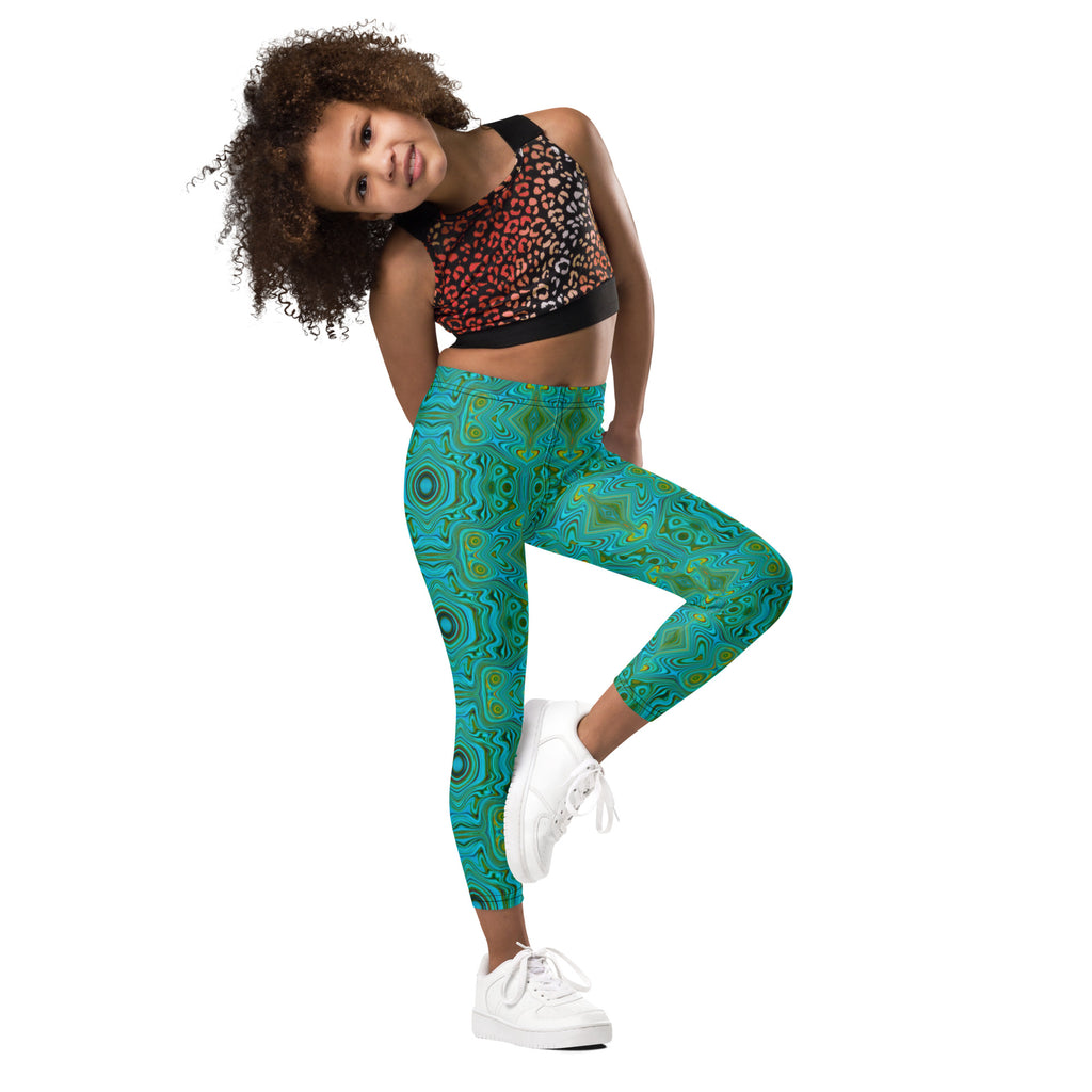 Kid's Leggings, Trippy Retro Turquoise Chartreuse Abstract Pattern