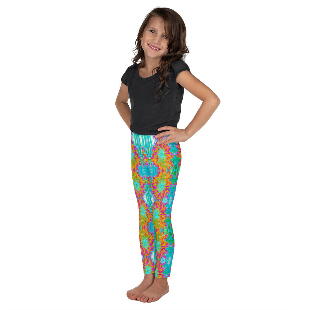 Kid's Leggings for Girls, Abstract Retro Dahlia Pattern in Orange and Teal Blue