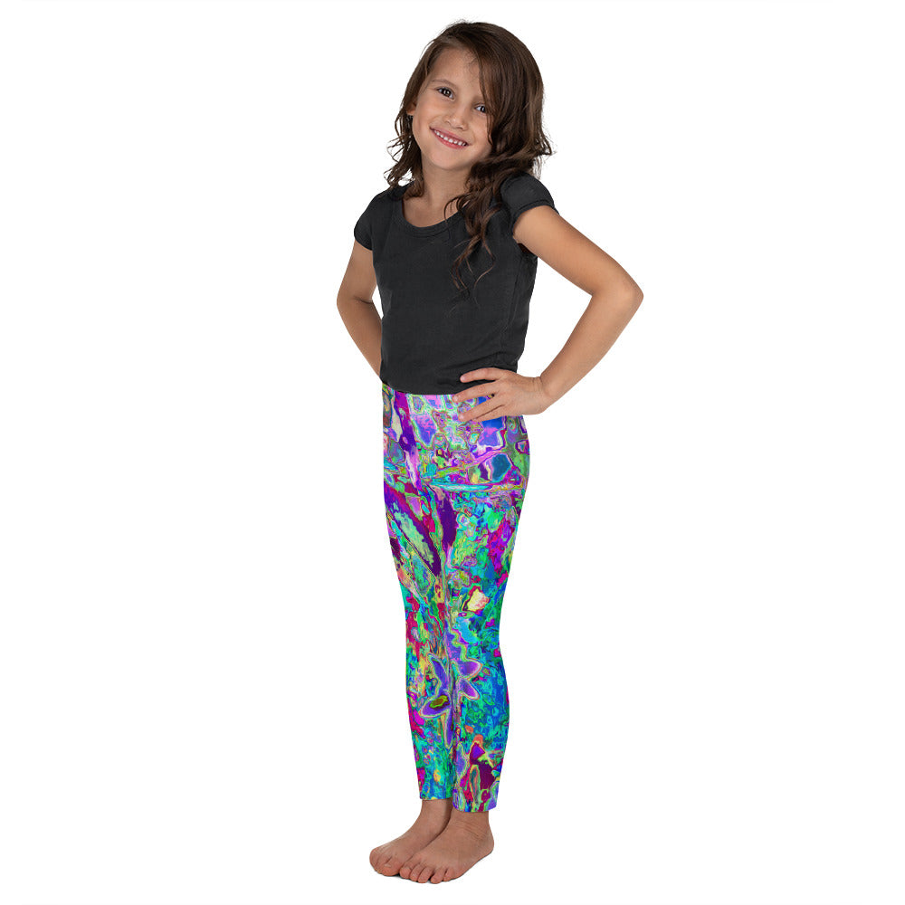 Kid's Leggings for Girls, Trippy Abstract Pink and Purple Flowers