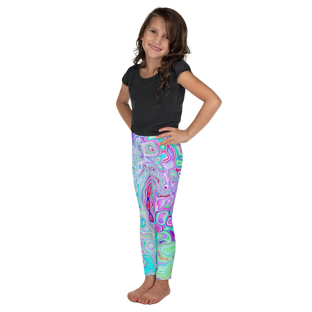 Kid's Leggings for Girls, Groovy Abstract Retro Pink and Green Swirl