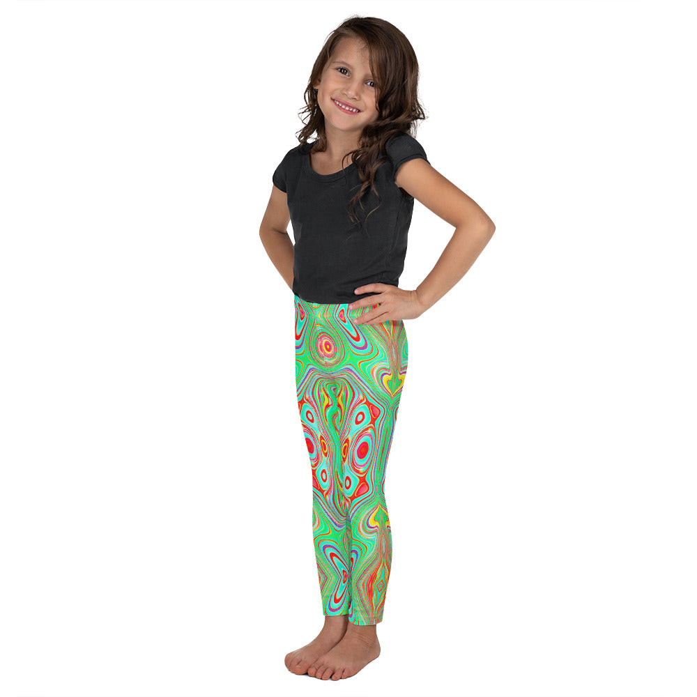 Kid's Leggings, Trippy Retro Orange and Lime Green Abstract Pattern