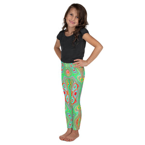 Kid's Leggings, Trippy Retro Orange and Lime Green Abstract Pattern