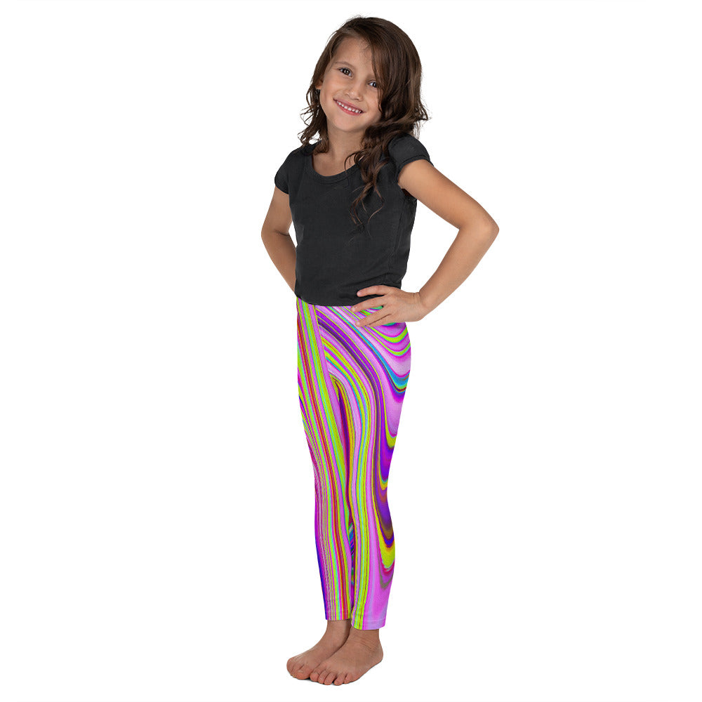 Kid's Leggings for Girls, Trippy Yellow and Pink Abstract Groovy Retro Art