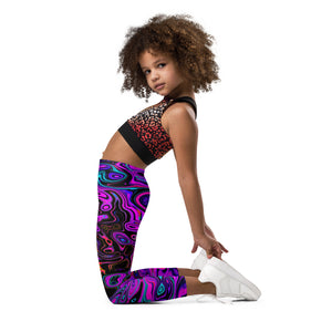 Kid's Leggings, Trippy Black and Magenta Retro Liquid Swirl