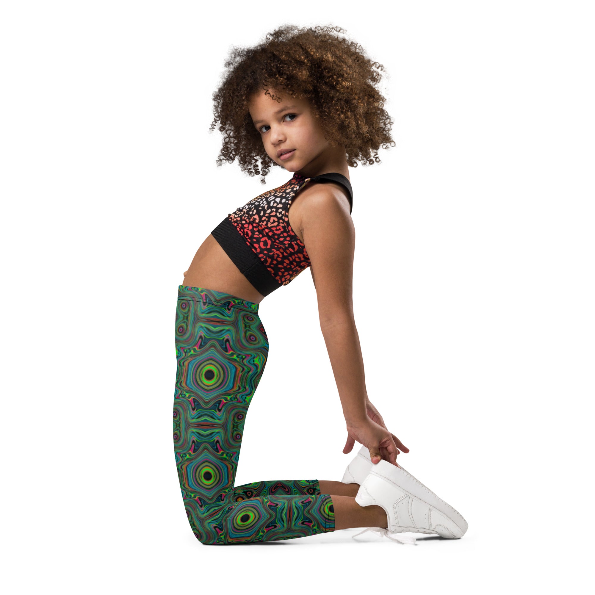Kid's Leggings, Trippy Retro Black and Lime Green Abstract Pattern