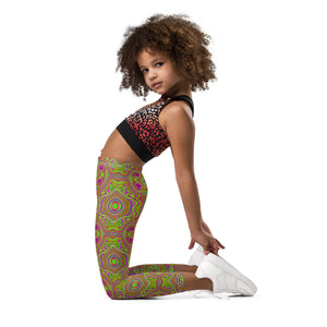 Kid's Leggings, Trippy Retro Chartreuse Magenta Abstract Pattern