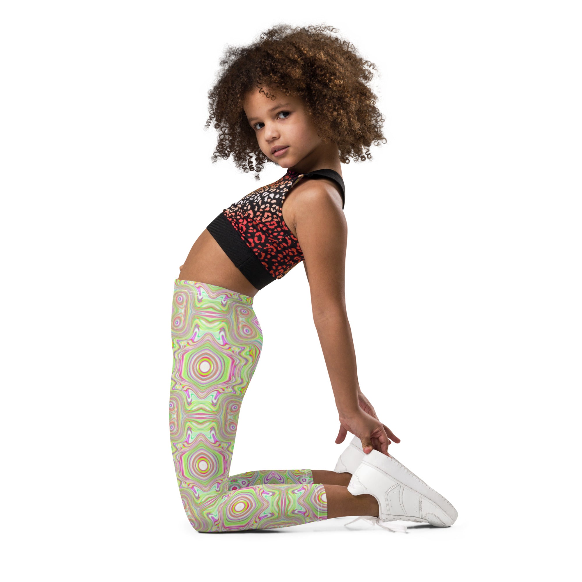 Kid's Leggings, Trippy Retro Pink and Lime Green Abstract Pattern