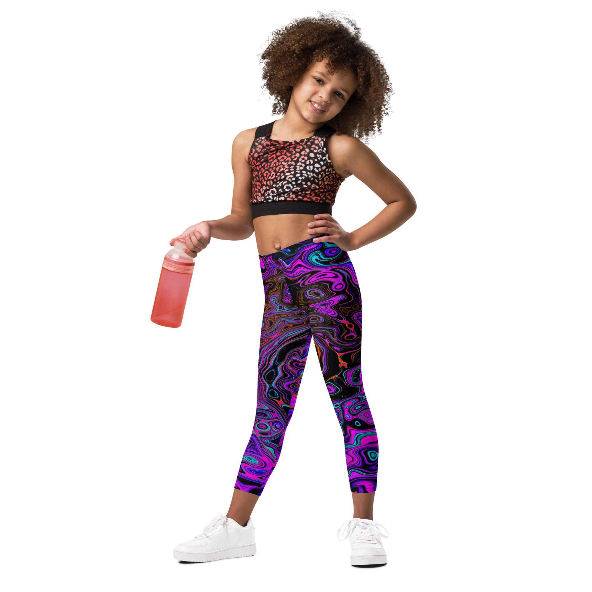 Kid's Leggings, Trippy Black and Magenta Retro Liquid Swirl