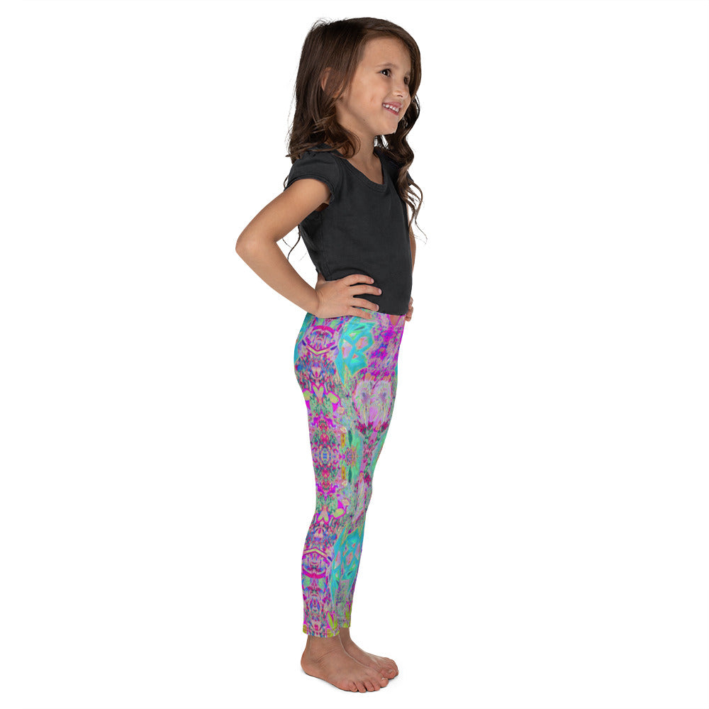 Kid's Leggings for Girls, Psychedelic Abstract Magenta and Aqua Garden Collage