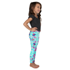 Kid's Leggings for Girls, Cute Girly Purple Flower Pattern on Aqua Blue