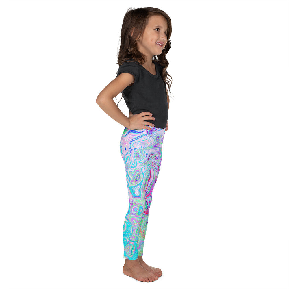 Kid's Leggings for Girls, Groovy Abstract Retro Pink and Green Swirl