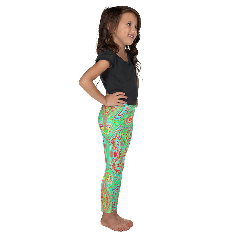 Kid's Leggings, Trippy Retro Orange and Lime Green Abstract Pattern