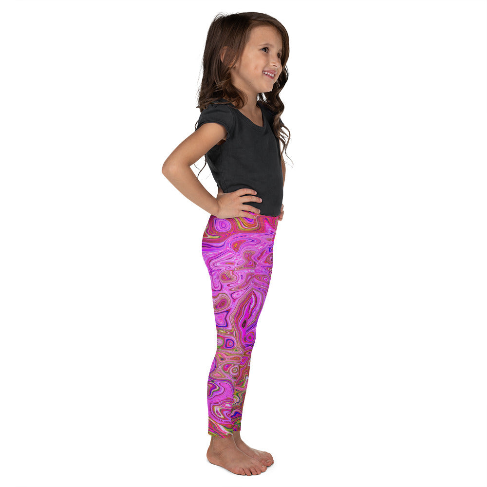 Kid's Leggings, Hot Pink Marbled Colors Abstract Retro Swirl