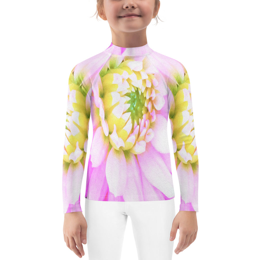 Rash Guard Shirts for Kids, Pretty Pink, White and Yellow Cactus Dahlia Macro