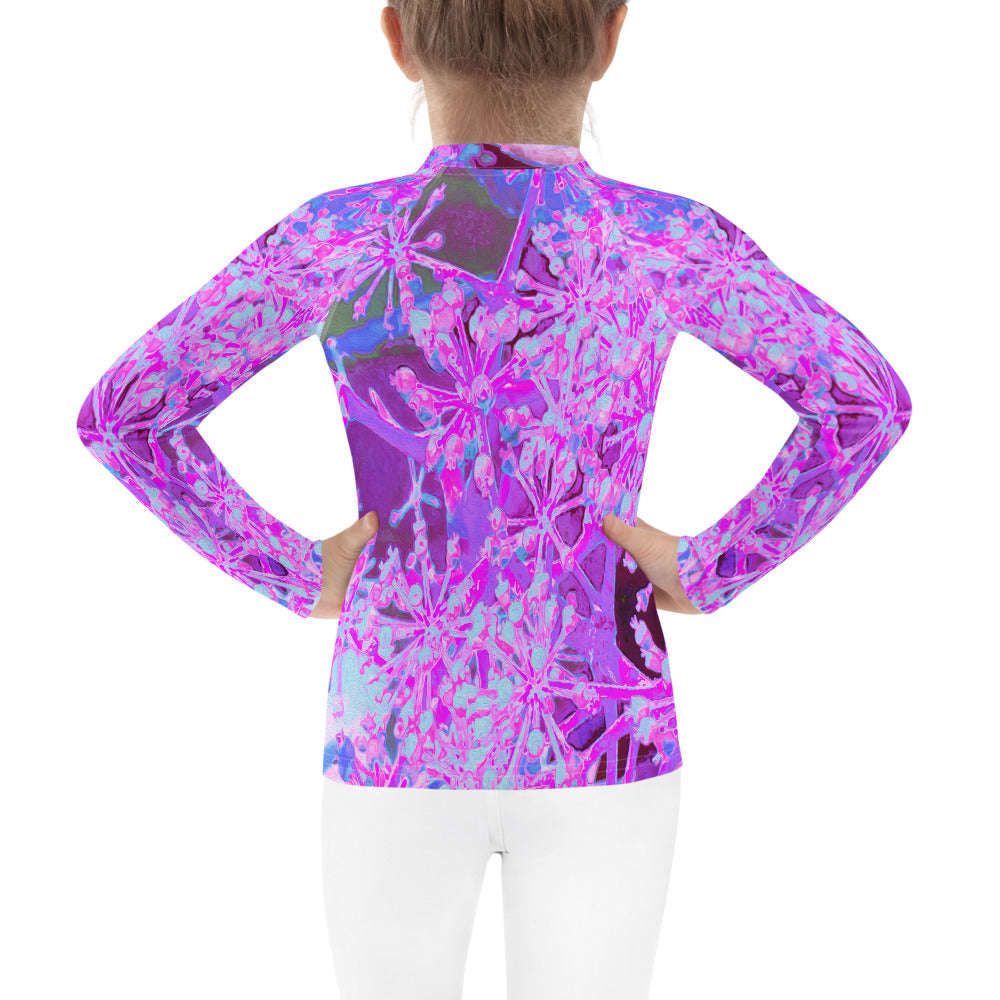 Rash Guard Shirts for Kids, Cool Abstract Retro Nature in Hot Pink and Purple