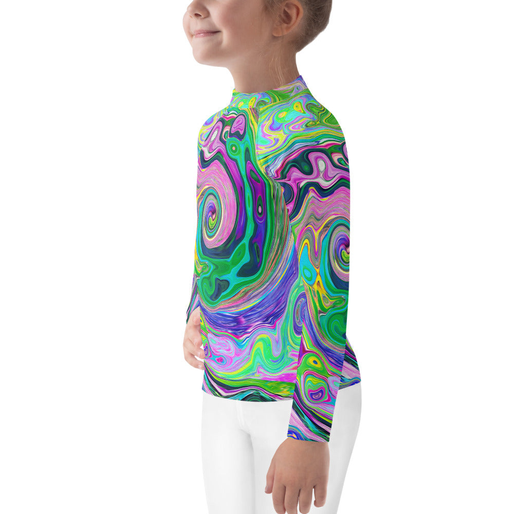 Rash Guard Shirts for Kids, Groovy Abstract Aqua and Navy Lava Swirl