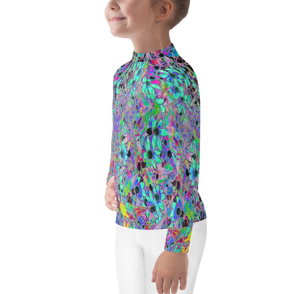 Rash Guard Shirts for Kids, Purple Garden with Psychedelic Aquamarine Flowers