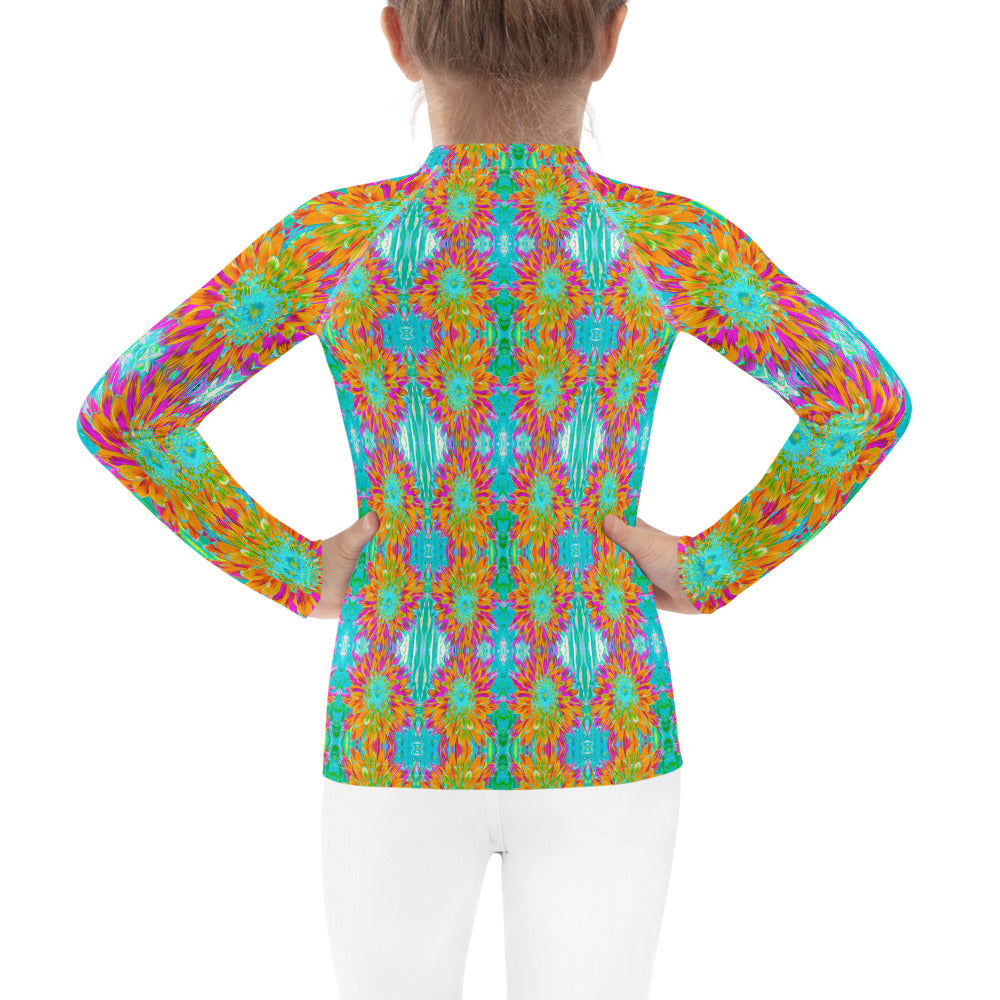Rash Guard Shirts for Kids, Abstract Retro Dahlia Pattern in Orange and Teal Blue