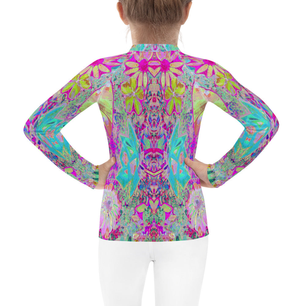 Rash Guard Shirts for Kids, Psychedelic Abstract Magenta and Aqua Garden Collage