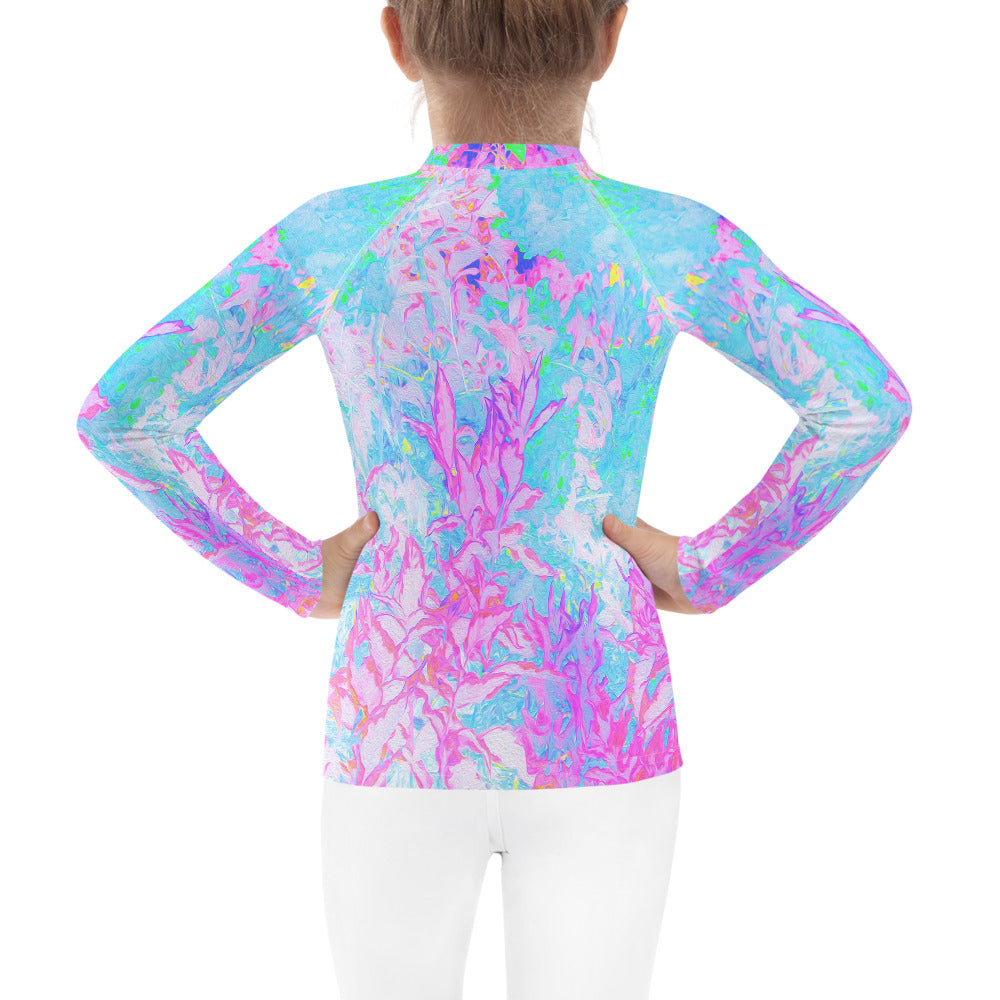 Rash Guard Shirts for Kids, Aqua Blue and Hot Pink Hydrangea Landscape