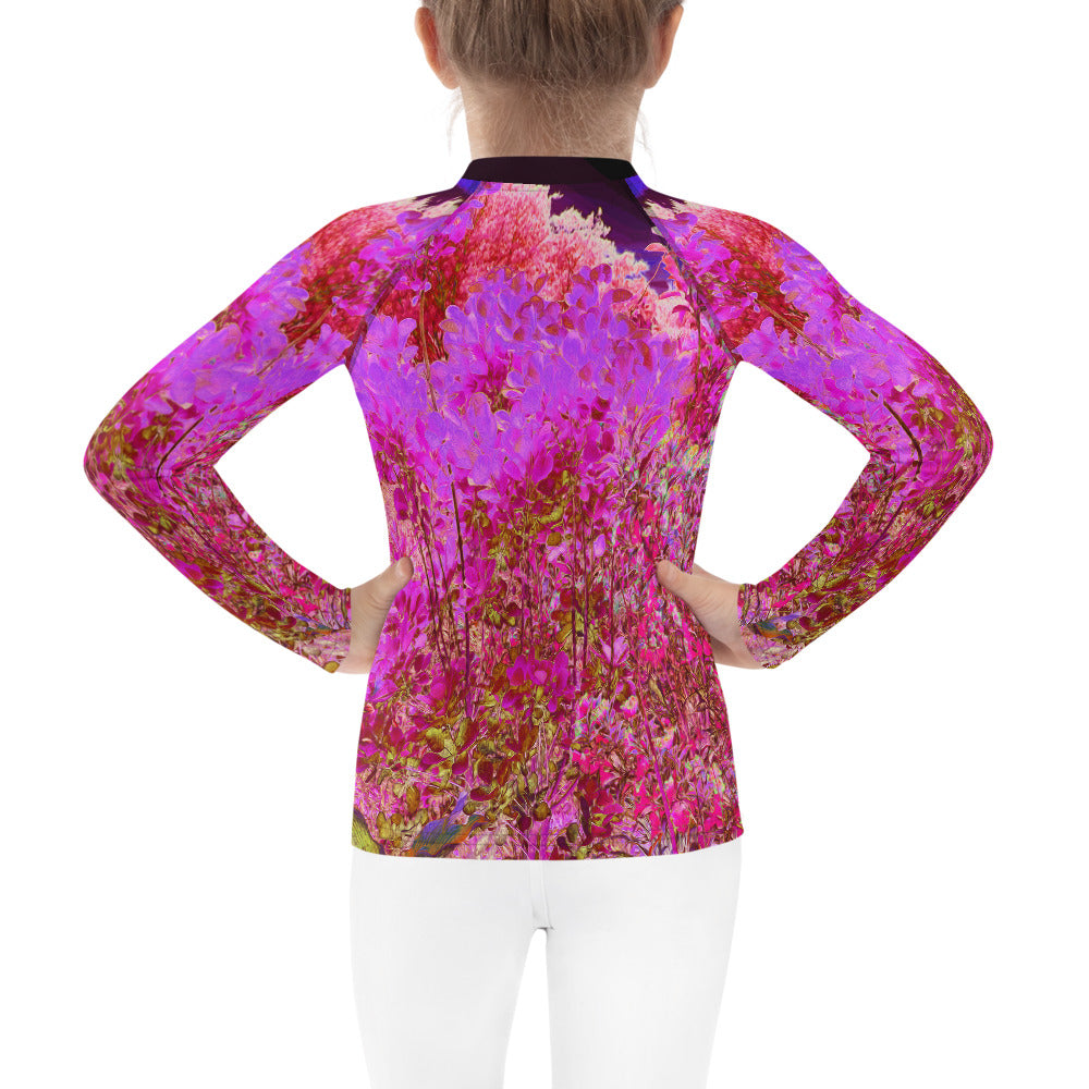 Rash Guard Shirts for Kids, Colorful Abstract Foliage Garden with Purple Sunset