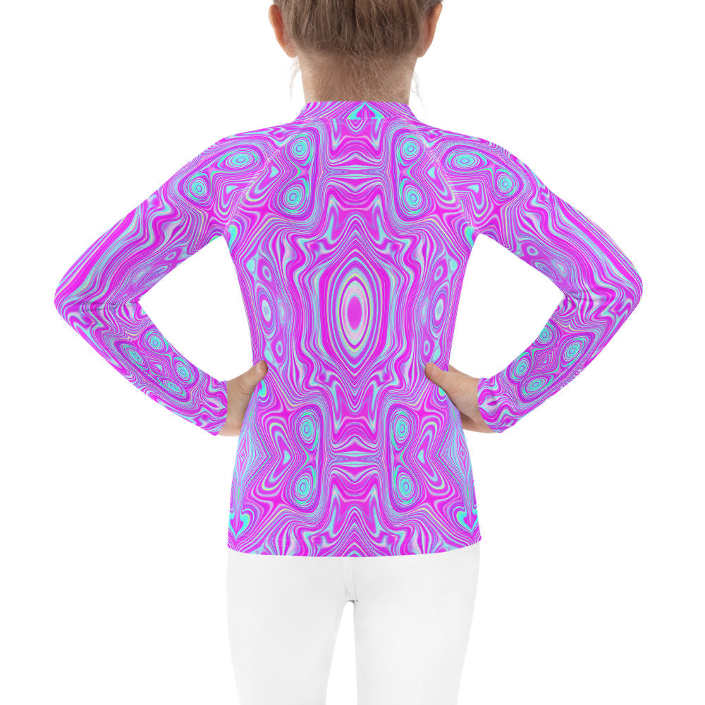 Rash Guard Shirts For Kids, Trippy Hot Pink and Aqua Blue Abstract Pattern